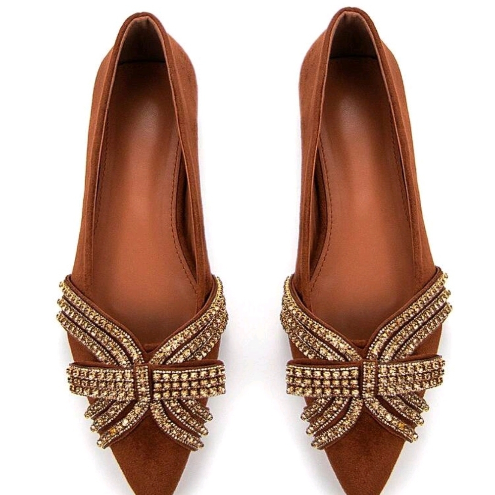 Chic Brown Flats with Gold Embellished Bow